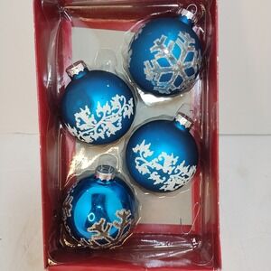 VTG December Home 4 ct Glass Ornaments Blue Snowflake‎ Scroll Christmas Tree